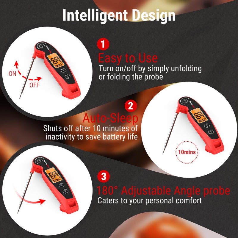 ثيرمو برو ThermoPro TP605 ميزان حرارة اللحوم للقراءة الفورية للطهي مقاوم للماء ميزان حرارة رقمي للطعام مع شاشة LCD كبيرة بإضاءة خلفية 180 درجة قابلة للطي ومقياس حرارة المطبخ لشواء التدخين وصنع الحلوى - Image 3