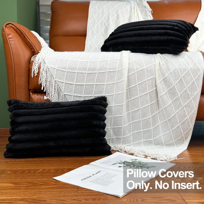 COTEY 20" x 12" Black Throw Pillow Covers Pack of 2, Soft Fluffy Faux Fur Decorative Pillows for Couch, Bed Cover with Velvet Back for Living Room, Home DÃ©cor for Sofa (50cm x 30cm, No Inserts Included) - Image 2