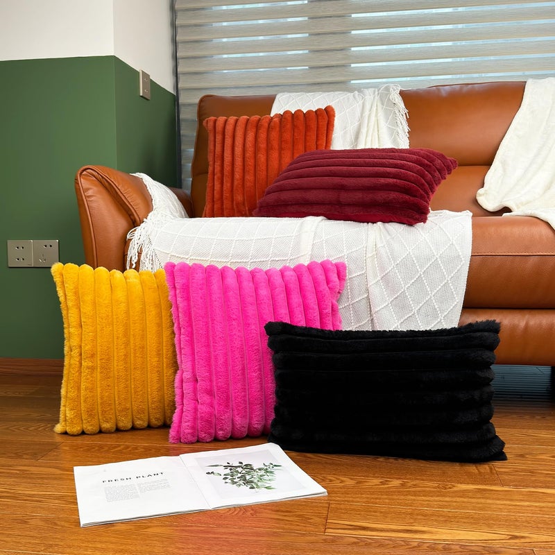 COTEY 20" x 12" Black Throw Pillow Covers Pack of 2, Soft Fluffy Faux Fur Decorative Pillows for Couch, Bed Cover with Velvet Back for Living Room, Home DÃ©cor for Sofa (50cm x 30cm, No Inserts Included) - Image 5