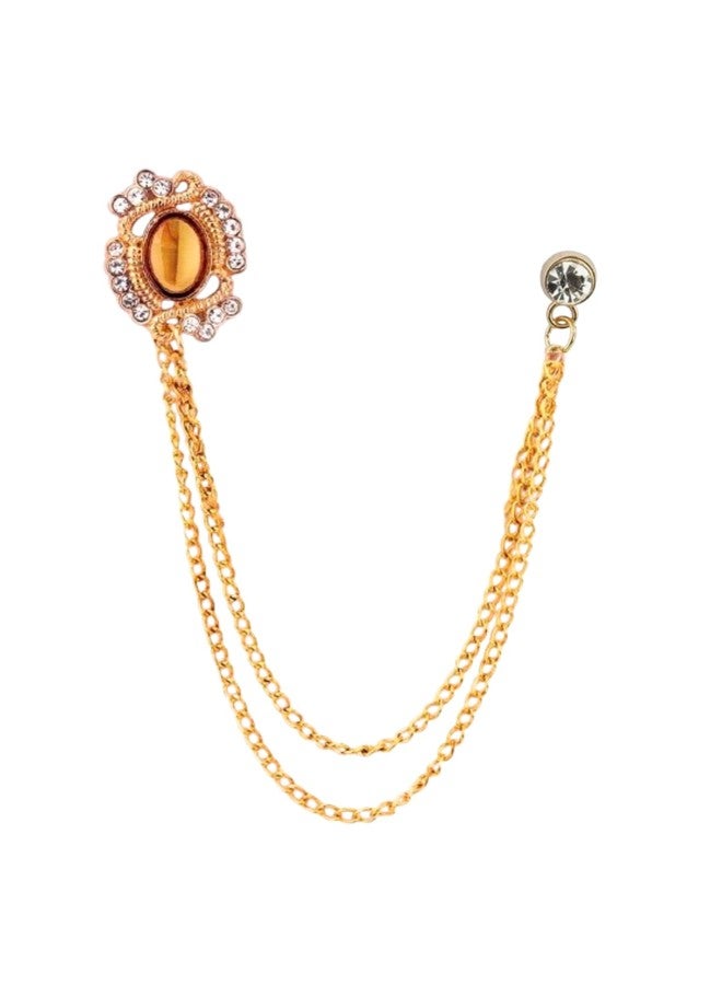 RANDOM STRIPE Necktie Set With Pocket Square & Lapel Double Chain Brooch Wedding Combo (Gold) - Image 4