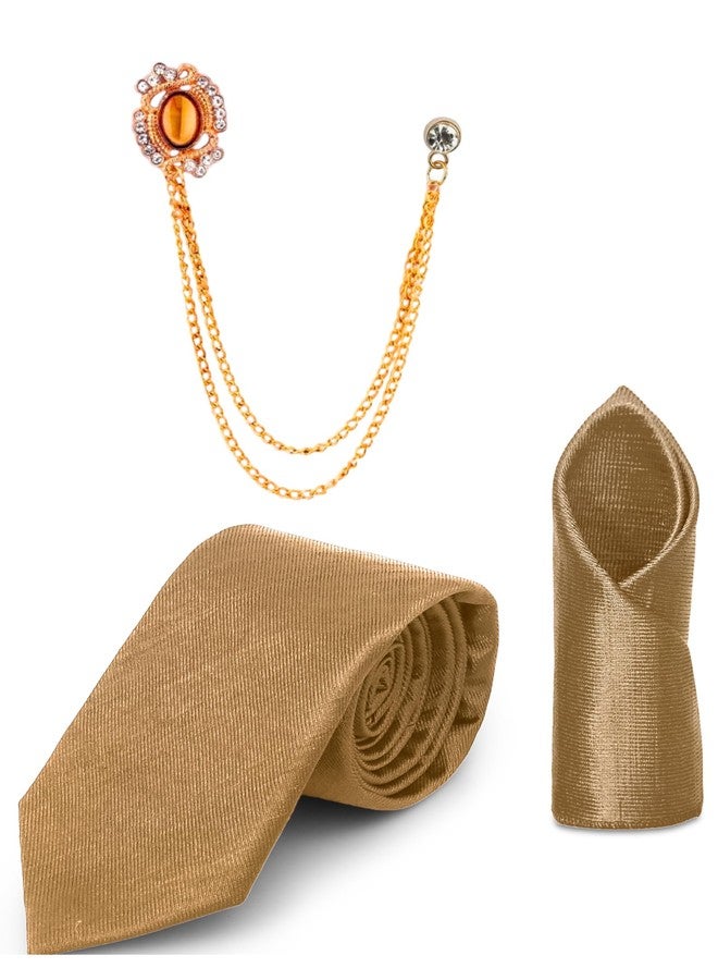 RANDOM STRIPE Necktie Set With Pocket Square & Lapel Double Chain Brooch Wedding Combo (Gold) - Image 1