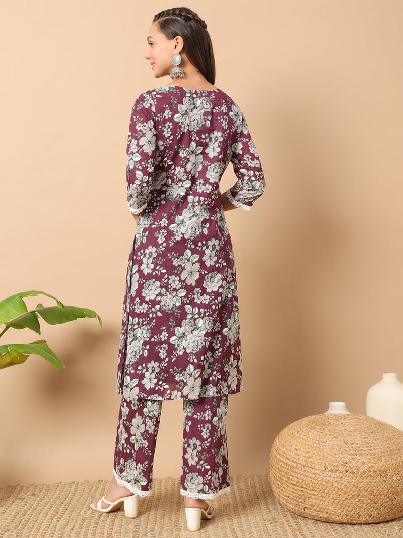 FIORRA Women's Wine Cotton Straight Kurta Set SET0133 - Image 4
