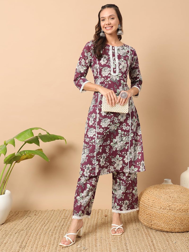FIORRA Women's Wine Cotton Straight Kurta Set SET0133 - Image 5