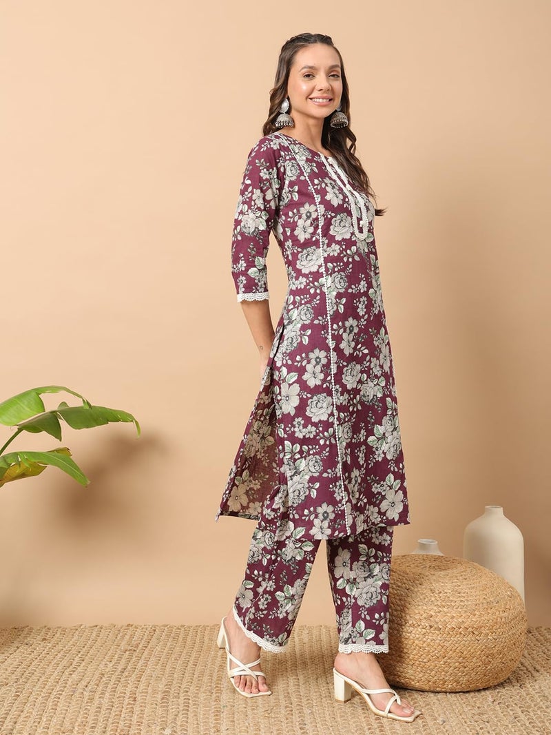 FIORRA Women's Wine Cotton Straight Kurta Set SET0133 - Image 2