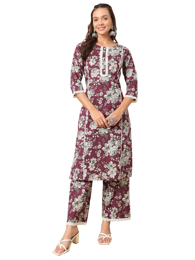 FIORRA Women's Wine Cotton Straight Kurta Set SET0133 - Image 1