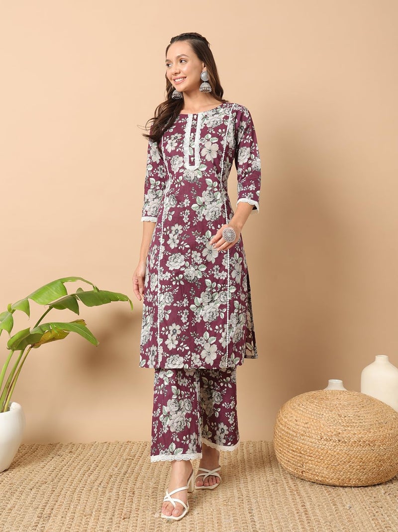 FIORRA Women's Wine Cotton Straight Kurta Set SET0133 - Image 3