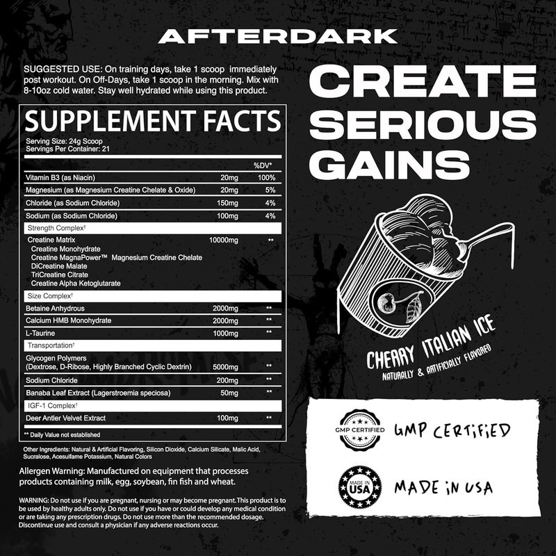 AFTERDARK مسحوق كرياتين مونوهيدرات كرياتين كريشن 10000 ملغ مزيج كرياتين يعزز القوة التحمل نمو العضلات معتمد من GMP صنع في الولايات المتحدة 21 حصة نكهة شيري إيطالية مثلجة - Image 3