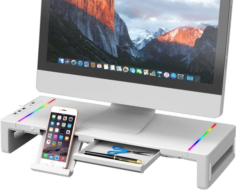 لاكيون حامل شاشة قابل للرفع مع إضاءة RGB، حامل شاشة كمبيوتر قابل للطي للمكتب مزود بمنفذ USB 3.0 ووظيفة شحن، حامل للكمبيوتر المحمول والشاشة مع درج تخزين ومسند للأجهزة اللوحية وا��هواتف (اللون: أبيض) - Image 1