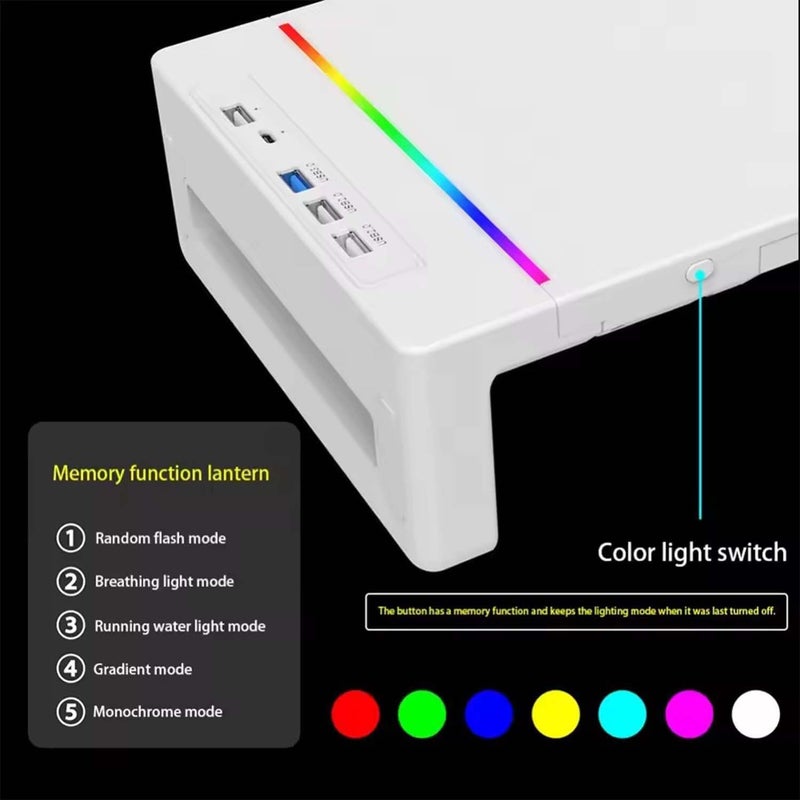 لاكيون حامل شاشة قابل للرفع مع إضاءة RGB، حامل شاشة كمبيوتر قابل للطي للمكتب مزود بمنفذ USB 3.0 ووظيفة شحن، حامل للكمبيوتر المحمول والشاشة مع درج تخزين ومسند للأجهزة اللوحية وا��هواتف (اللون: أبيض) - Image 2