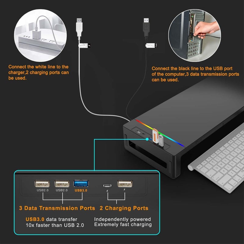 لاكيون حامل شاشة قابل للرفع مع إضاءة RGB، حامل شاشة كمبيوتر قابل للطي للمكتب مزود بمنفذ USB 3.0 ووظيفة شحن، حامل للكمبيوتر المحمول والشاشة مع درج تخزين ومسند للأجهزة اللوحية وا��هواتف (اللون: أبيض) - Image 4