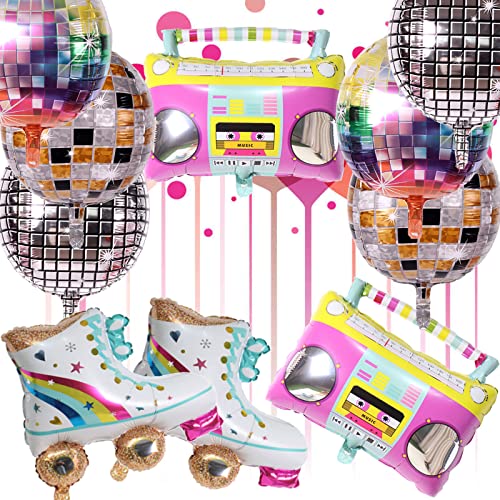 Timisea 10 PCS Rainbow Roller Skate Balloons Boom Box Balloon22 Inch Round Color Foil Balloons 4D Laser Disco Foil Balloons 80s 90s Retro Theme Hip Hop Disco Fever Birthday Party Balloon Decor - Image 1