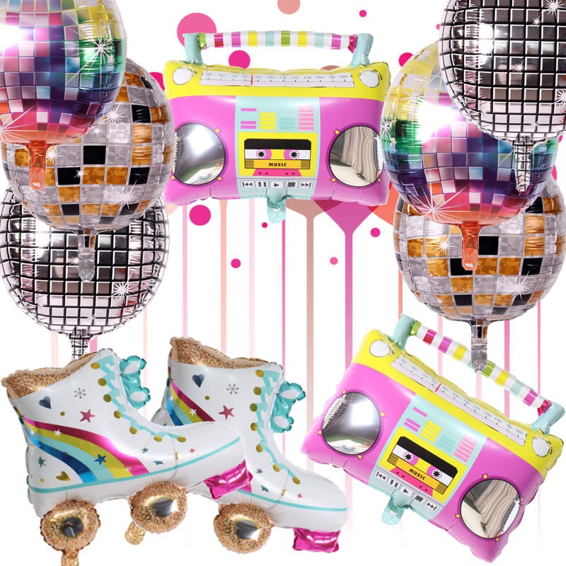 Timisea 10 PCS Rainbow Roller Skate Balloons Boom Box Balloon22 Inch Round Color Foil Balloons 4D Laser Disco Foil Balloons 80s 90s Retro Theme Hip Hop Disco Fever Birthday Party Balloon Decor - Image 3