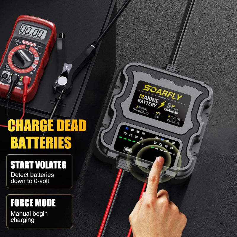 SOARFLY 2 Bank Marine Battery Charger, 10A (5A/Bank) 12V Waterproof On BOAD Boat Battery Charger, Battery Maintainer & Desulfator for SLA/AGM, Lithium (LiFePO4), Calcium & Deep-Cycle Battery - Image 4