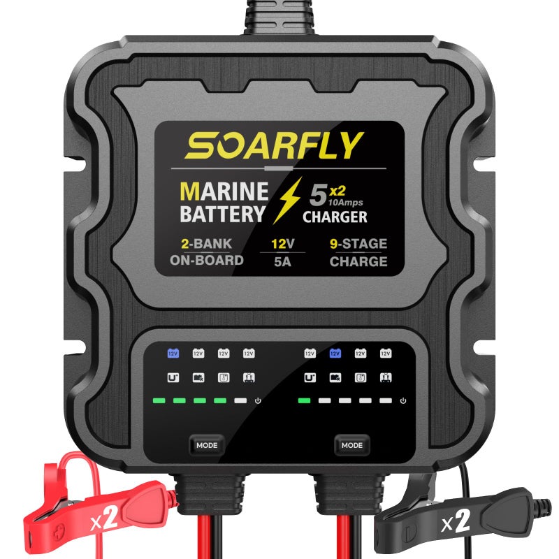 SOARFLY 2 Bank Marine Battery Charger, 10A (5A/Bank) 12V Waterproof On BOAD Boat Battery Charger, Battery Maintainer & Desulfator for SLA/AGM, Lithium (LiFePO4), Calcium & Deep-Cycle Battery - Image 1