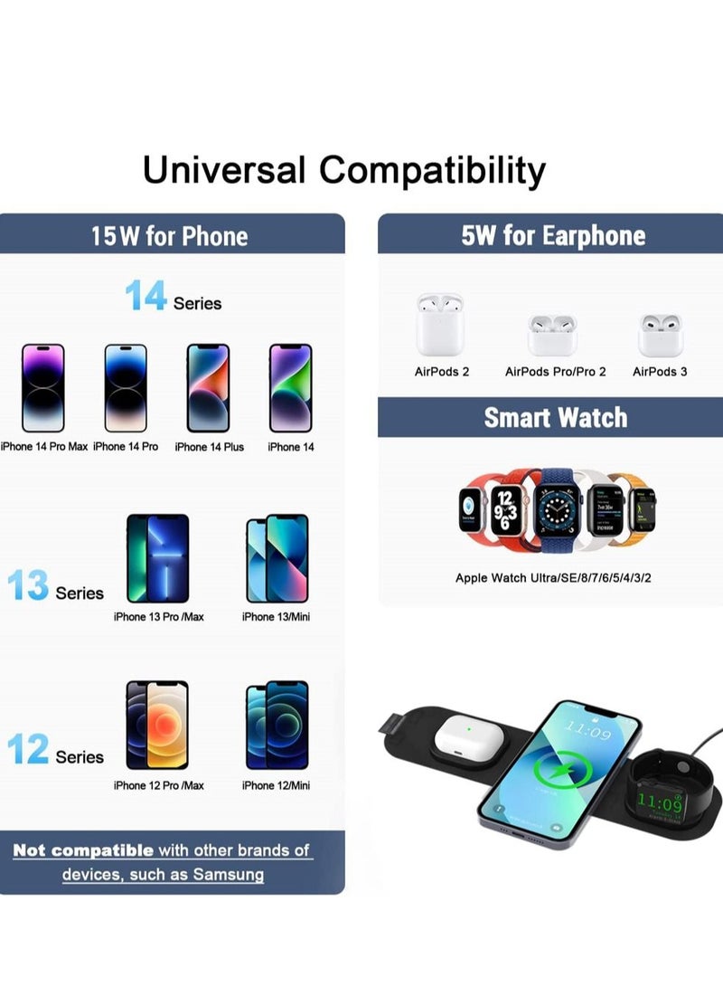 Excefore 3 in 1 Wireless Charger, Magnetic Foldable Charging Station, Fast Pad for Travel, Compatible with iPhone 14/Pro/Max/Plus/13/12 Series, 3/2/Pro, iWatch 7/6/5/4/3/2 - Image 2