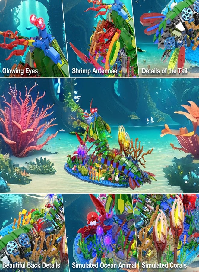 JMBricklayer Mechanical Mantis Shrimp Building Blocks Set with LED Lights Ocean Animal Model Building Toys with Jellyfish Crabs Coral Reef, Sea Creative Display for Home Decor Gift for Adults Kids 14+ - Image 5