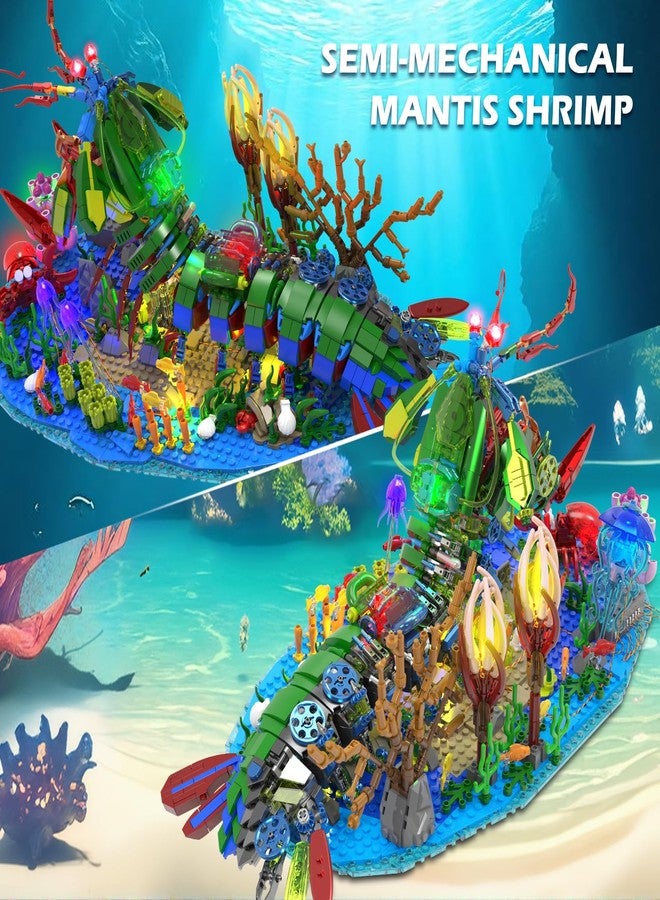JMBricklayer Mechanical Mantis Shrimp Building Blocks Set with LED Lights Ocean Animal Model Building Toys with Jellyfish Crabs Coral Reef, Sea Creative Display for Home Decor Gift for Adults Kids 14+ - Image 4