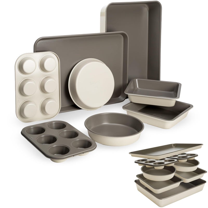 Goodful AllInOne Nonstick Bakeware Set Stackable and Space Saving Design includes Round and Square Pans Muffin Pans Cookie Sheet and Roaster Dishwasher Safe 8Piece Linen