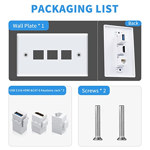 Poyiccot HDMI RJ45 Wall Plate, 3Port HDMI USB Outlet Wall Plate, 1 x HDMI Female to Female Jack + 1 x Cat6 RJ45 Ethernet + 1 x USB 3.0 Jack Support Keystone Wall Plate for Face Plate, White - Image 2