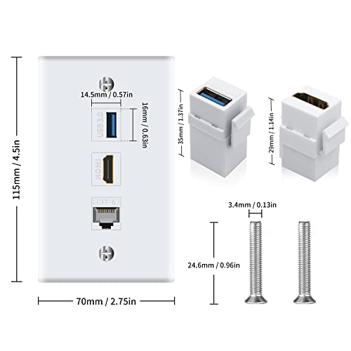 Poyiccot HDMI RJ45 Wall Plate, 3Port HDMI USB Outlet Wall Plate, 1 x HDMI Female to Female Jack + 1 x Cat6 RJ45 Ethernet + 1 x USB 3.0 Jack Support Keystone Wall Plate for Face Plate, White - Image 5