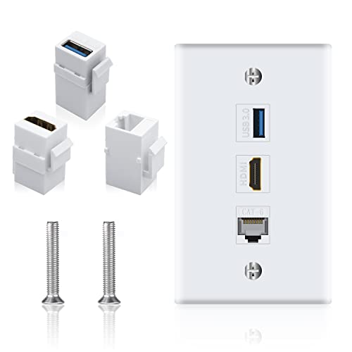 Poyiccot HDMI RJ45 Wall Plate, 3Port HDMI USB Outlet Wall Plate, 1 x HDMI Female to Female Jack + 1 x Cat6 RJ45 Ethernet + 1 x USB 3.0 Jack Support Keystone Wall Plate for Face Plate, White - Image 1