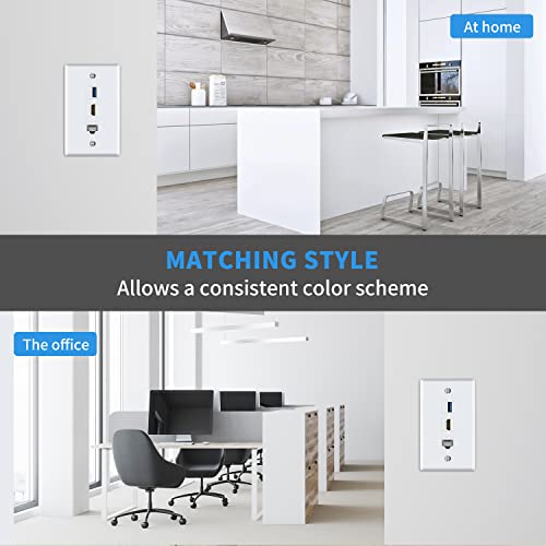 Poyiccot HDMI RJ45 Wall Plate, 3Port HDMI USB Outlet Wall Plate, 1 x HDMI Female to Female Jack + 1 x Cat6 RJ45 Ethernet + 1 x USB 3.0 Jack Support Keystone Wall Plate for Face Plate, White - Image 3