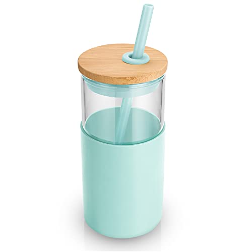 Tronco 16 oz Glass Tumbler with Straw and Bamboo Lid Iced Coffee Cup Reusable Smoothie Cups Tumbler with Silicone Protective Sleeve  BPA Free