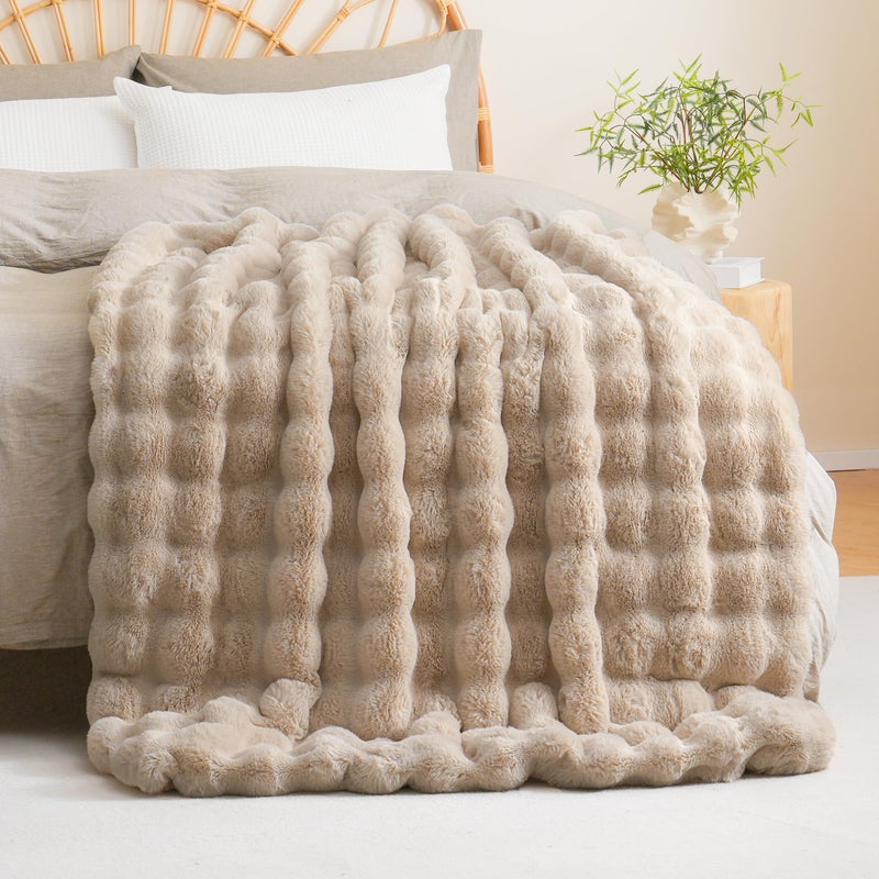 BENVWE Faux Fur Throw Blanket Fleece Bubble Blanket, Soft,Cozy and Thick Blanket Plush Fluffy Blanket for Couch Chair Bed 51x63 Inches Beige - Image 5