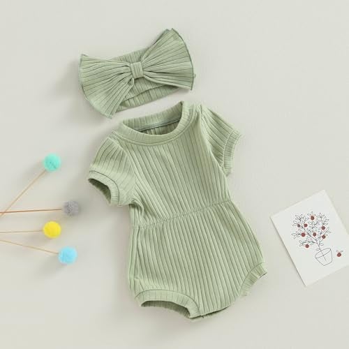FOCUSNORM Baby Girl Summer Clothes Ribbed Short Sleeve Romper Solid Color Bodysuits Bow Headband Outfit Newborn Girl Jumpsuit (Pea Green, 0-3 Months) - Image 4