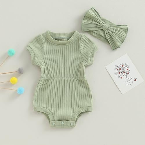 FOCUSNORM Baby Girl Summer Clothes Ribbed Short Sleeve Romper Solid Color Bodysuits Bow Headband Outfit Newborn Girl Jumpsuit (Pea Green, 0-3 Months) - Image 3