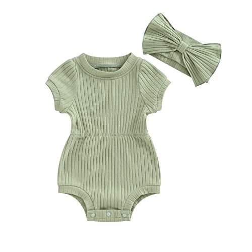 FOCUSNORM Baby Girl Summer Clothes Ribbed Short Sleeve Romper Solid Color Bodysuits Bow Headband Outfit Newborn Girl Jumpsuit (Pea Green, 0-3 Months) - Image 1