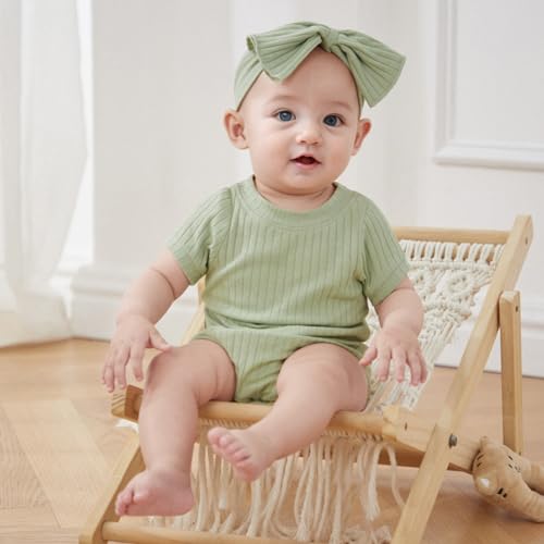 FOCUSNORM Baby Girl Summer Clothes Ribbed Short Sleeve Romper Solid Color Bodysuits Bow Headband Outfit Newborn Girl Jumpsuit (Pea Green, 0-3 Months) - Image 2