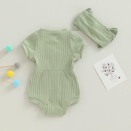 FOCUSNORM Baby Girl Summer Clothes Ribbed Short Sleeve Romper Solid Color Bodysuits Bow Headband Outfit Newborn Girl Jumpsuit (Pea Green, 0-3 Months) - Image 5