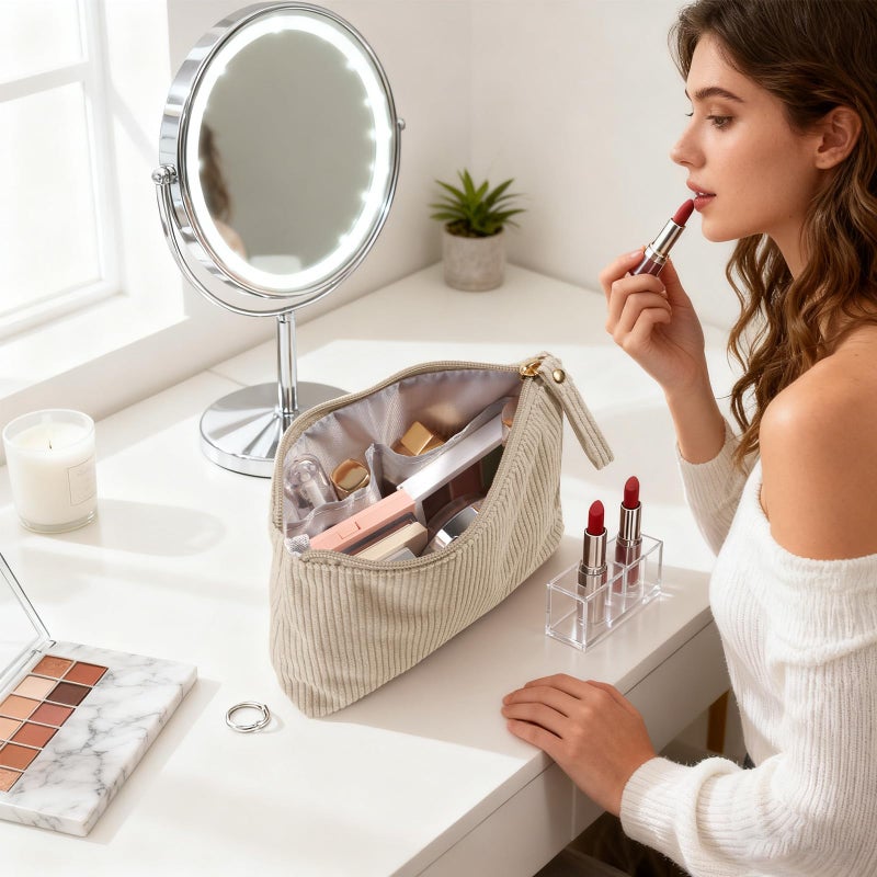 MAGEFY Small Makeup Bag, Corduroy Small Pouches for Purse Cosmetic Bag Makeup Pouches for Key Pocket Lipstick Bag Card Holder Data Cable Organizer(Beige,Small) - Image 5