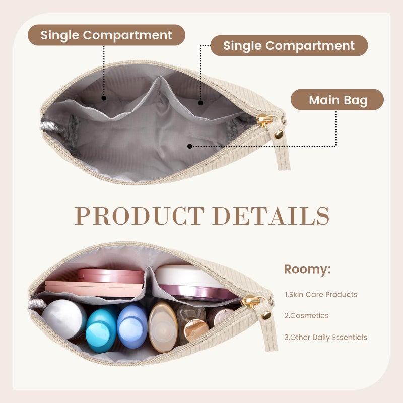 MAGEFY Small Makeup Bag, Corduroy Small Pouches for Purse Cosmetic Bag Makeup Pouches for Key Pocket Lipstick Bag Card Holder Data Cable Organizer(Beige,Small) - Image 3