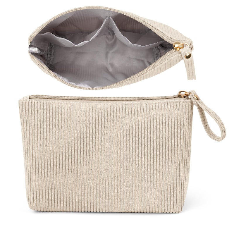 MAGEFY Small Makeup Bag, Corduroy Small Pouches for Purse Cosmetic Bag Makeup Pouches for Key Pocket Lipstick Bag Card Holder Data Cable Organizer(Beige,Small) - Image 1
