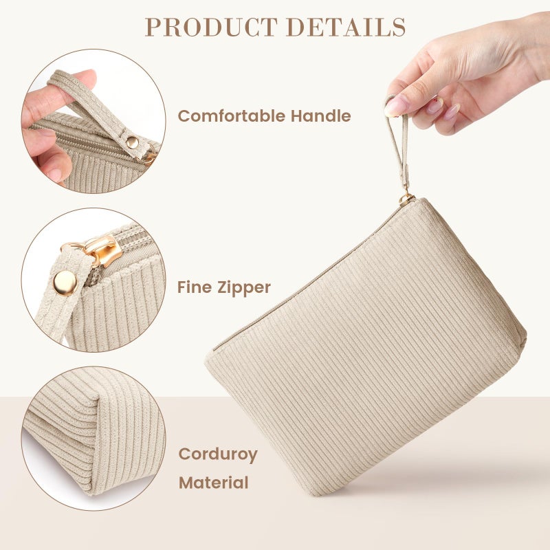 MAGEFY Small Makeup Bag, Corduroy Small Pouches for Purse Cosmetic Bag Makeup Pouches for Key Pocket Lipstick Bag Card Holder Data Cable Organizer(Beige,Small) - Image 4