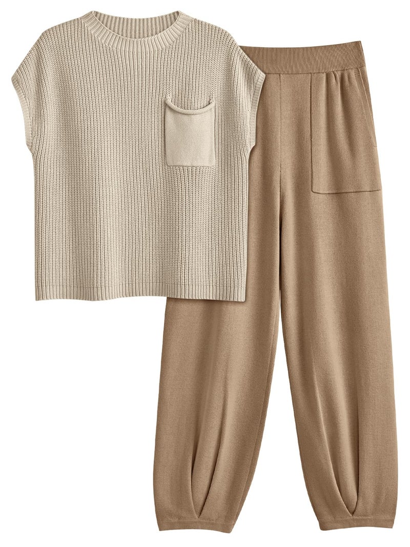 LILLUSORY Two 2 Piece Sets Womens 2025 Spring Summer Matching Lounge Sweatsuits Sweat Suits Trendy Travel Beach Vacation Fashion Resort Wear Outfits Knit Loungewear Clothes Clothing Light Khaki XS - Image 1