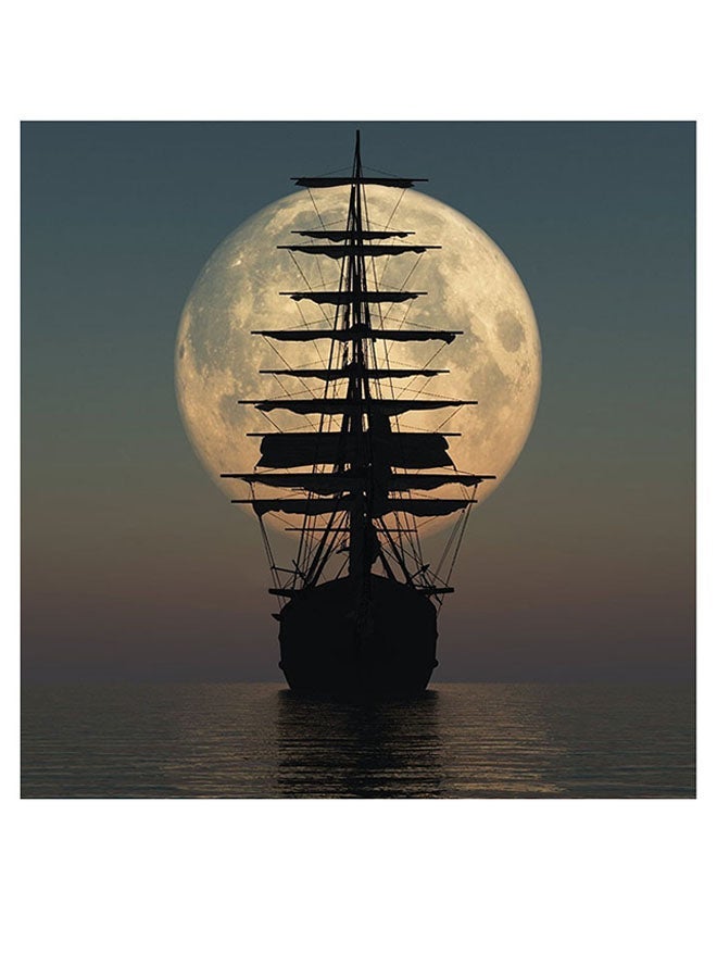 RYN Ship And Moon Themed Printed MDF Wall Art Gray/Cyan/Black 30x30cm - Image 2