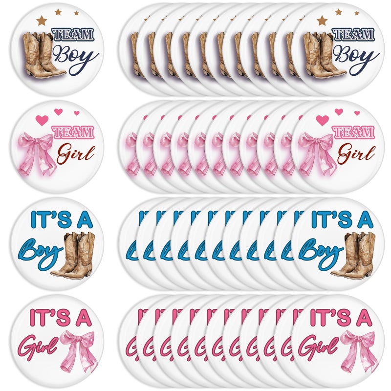 Highergo 48 Pcs Boots or Bows Gender Reveal Pins Team Boy or Girl Pins Western Cowboy or Cowgirl Gender Reveal Games Decorations Blue and Pink Button Baby Shower Favors for Guests Party Supplies - Image 1