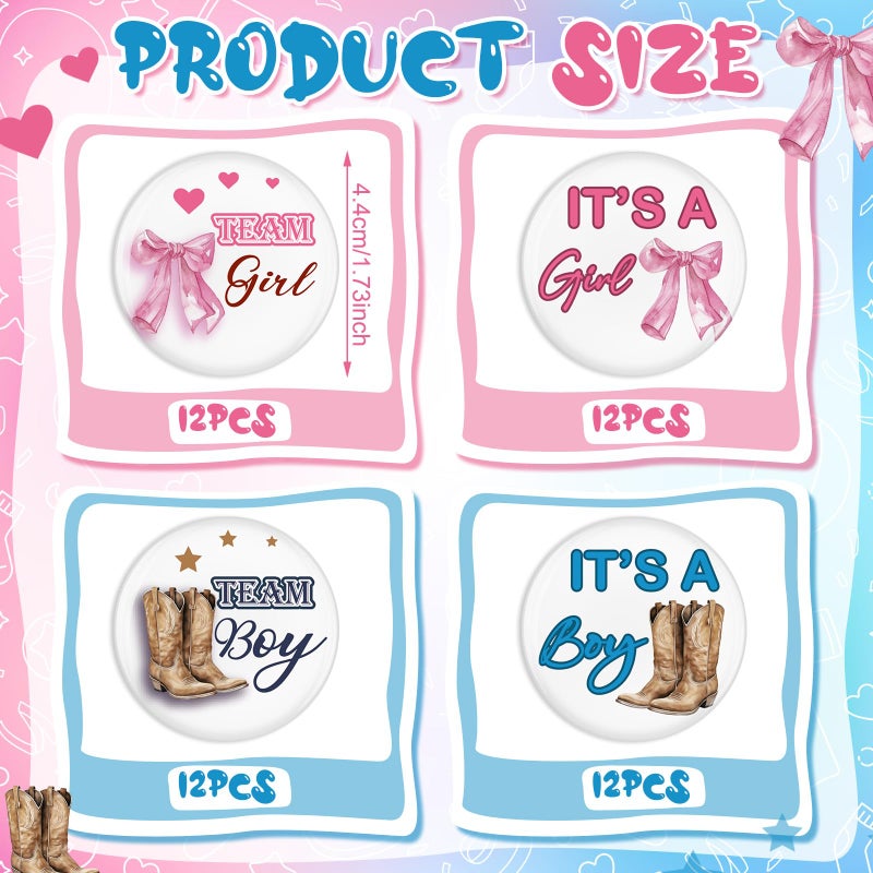 Highergo 48 Pcs Boots or Bows Gender Reveal Pins Team Boy or Girl Pins Western Cowboy or Cowgirl Gender Reveal Games Decorations Blue and Pink Button Baby Shower Favors for Guests Party Supplies - Image 2