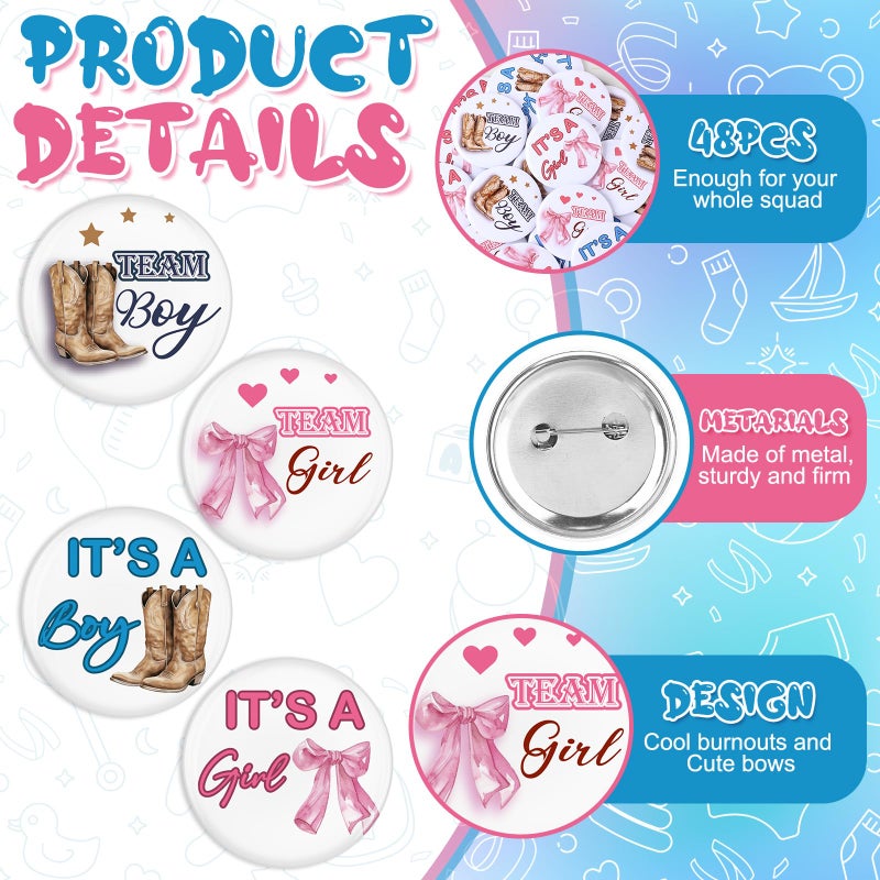 Highergo 48 Pcs Boots or Bows Gender Reveal Pins Team Boy or Girl Pins Western Cowboy or Cowgirl Gender Reveal Games Decorations Blue and Pink Button Baby Shower Favors for Guests Party Supplies - Image 4