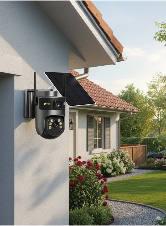 آي كام 365 كاميرا مراقبة خارجية تعمل بالطاقة الشمسية بتقنية الجيل الرابع، بعدسة مزدوجة، بدقة 8 ميجابكسل، تعمل لاسلكيًا بالبطارية، مزودة بخاصية تحريك الكاميرا وإمالتها، وخاصية الكشف عن الأشخاص بالذكاء الاصطناعي، وصوت ثنائي الاتجاه، وتنبيهات عبر تطبيق الهاتف المحمول. - Image 1