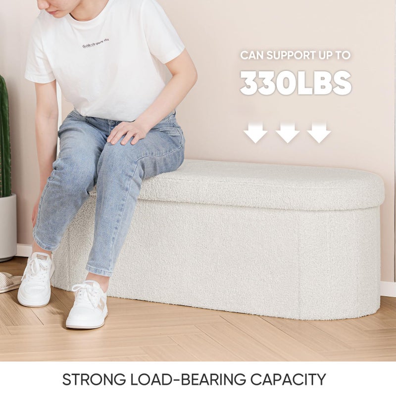 B FSOBEIIALEO Ottoman with Storage for Living Room, Sherpa Folding Storage Ottoman Foot Rest, 43.3 Inches Collapsible Bedroom Bench White - Image 5