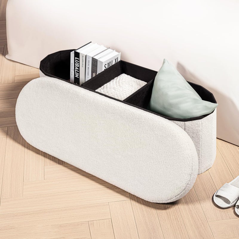 B FSOBEIIALEO Ottoman with Storage for Living Room, Sherpa Folding Storage Ottoman Foot Rest, 43.3 Inches Collapsible Bedroom Bench White - Image 2
