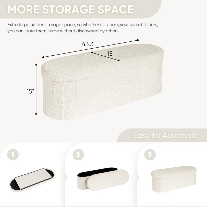 B FSOBEIIALEO Ottoman with Storage for Living Room, Sherpa Folding Storage Ottoman Foot Rest, 43.3 Inches Collapsible Bedroom Bench White - Image 3