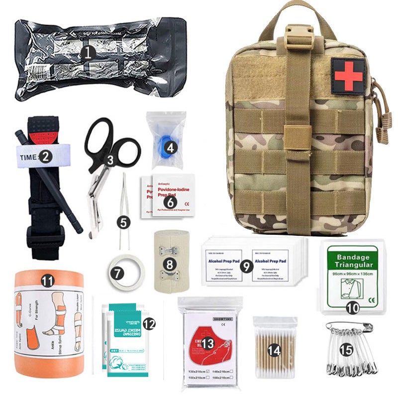 Outdoor camping equipment survival tool set field survival emergency kit multi-functional tactical camping first aid supplies CP camouflage yellow 