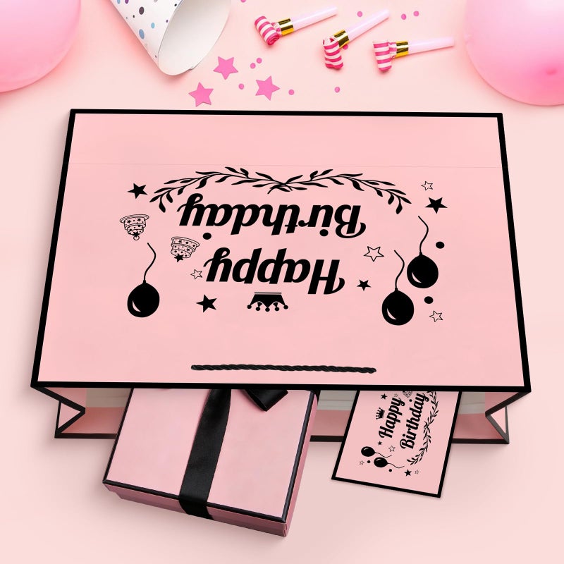 JMANNI Happy Birthday Gift Bag, Pink with Black Satin Bow & Crown Design, Large Birthday Present Bag for Party Favors, Size 14.17"x9.84"x4.33" - Image 5
