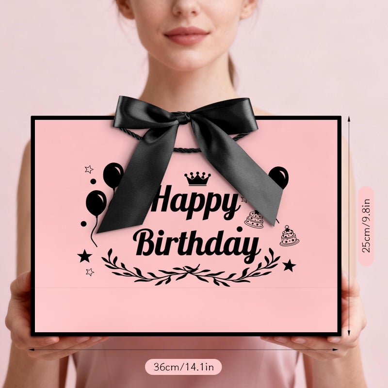 JMANNI Happy Birthday Gift Bag, Pink with Black Satin Bow & Crown Design, Large Birthday Present Bag for Party Favors, Size 14.17"x9.84"x4.33" - Image 3