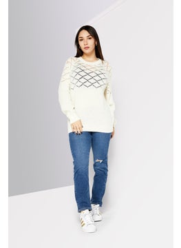 I.Code Women Round Neck knitted Sweater, Cream  - Image 2
